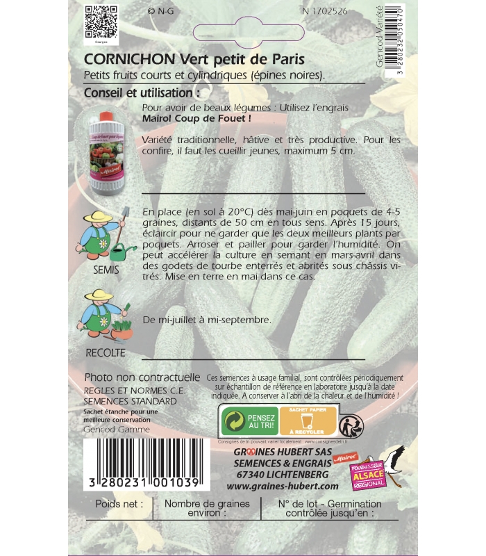Graines de Cornichon Vert Petit de Paris, potager Meilland Richardier